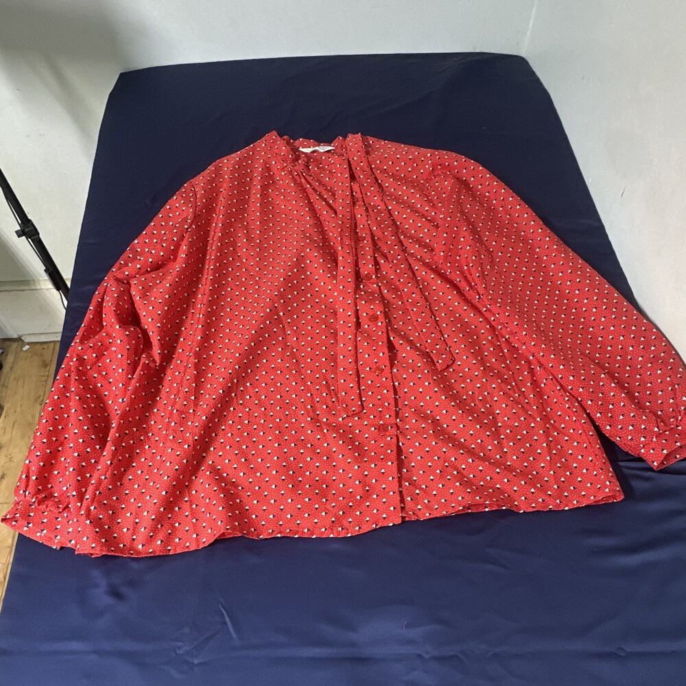 Rare Vintage 70s Eccobay Eccotoo Red Geometric Pussybow Tie Neck Blouse Pristine